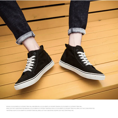 Baskets montantes en toile pour hommes, chaussures de Skate décontractées à lacets, toutes noires, pour étudiants, semelle plate, chaussures de Sport confortables