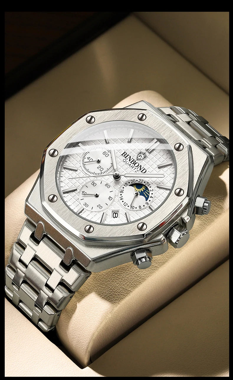 BINBONG B0161 Top Brand Man Business Quartz Watch Chronograph Wristwatch Stainless Steel Strap 30M Waterproof Luxury Men Watch