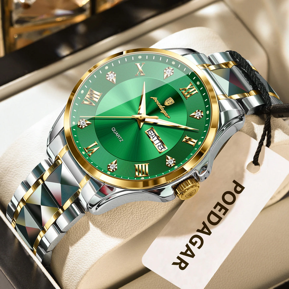 POEDAGAR herenhorloge, origineel luxemodel, waterdicht, verlicht, met datum- en dagweergave, elegante stijl, roestvrijstalen kast, quartz uurwerk, ideaal voor op het werk.