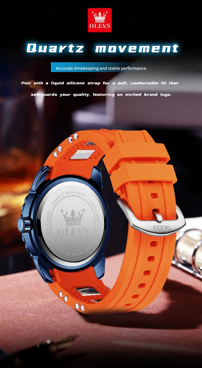 OLEVS Luxe herenhorloge met kwartsmechanisme, waterdicht, lichtgevend oranje siliconen band, sportieve herenhorloges in militaire stijl