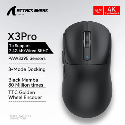 X3 Gaming Mouse Wireless ATTACK SHARK, punainen, 4K-palautusnopeus, Bluetooth Tri-Mode -yhteys, PAW3395, makroilla varustettu Bluetooth-pelihiiri