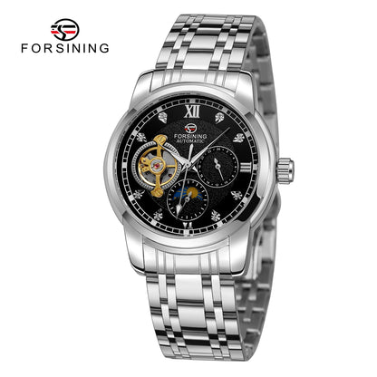 Pánské mechanické hodinky s automatickým nátahem značky Forsining – luxusní, businessový a módní styl, kovový náramek, tourbillon, luminiscenční ručičky, zdobené umělými diamanty