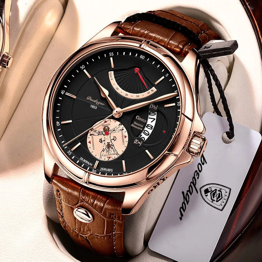 Relógio de pulso de quartzo POEDAGAR para homem – Estilo empresarial, de luxo, estanque, luminoso, com indicação da data e bracelete em pele – Relógio elegante para homem