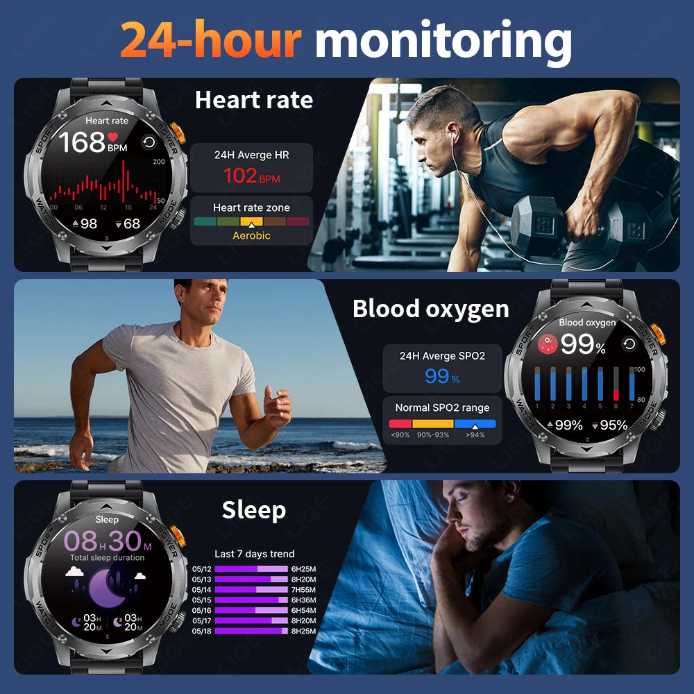 LIGE New Smart Watch Men 1000mAh Large Capacity Battery Outdoor Flashlight Bluetooth Call Waterproof Sport Fitness Smartwatch