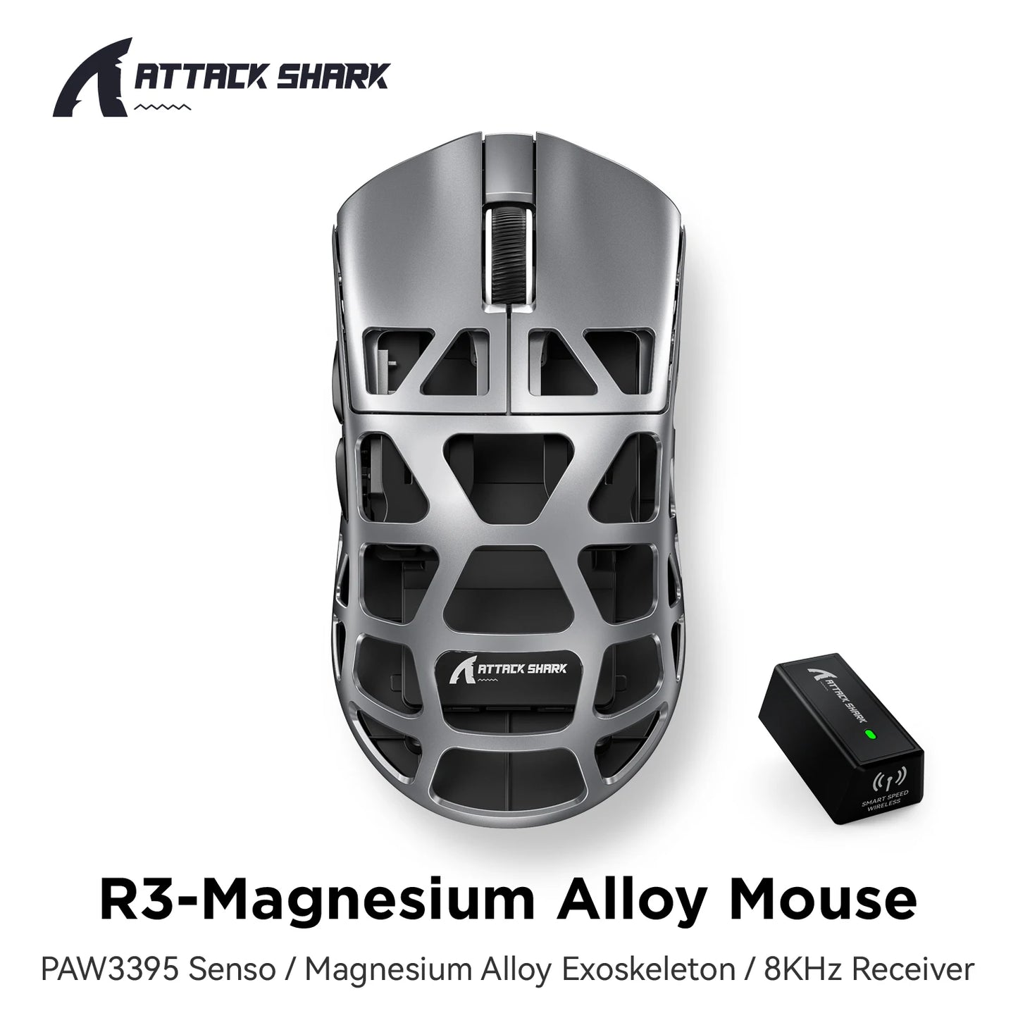 Gaming miška ATTACK SHARK R3 iz magnezijeve zlitine s satasto strukturo, izjemno lahka, 8K Hz, senzor PAW3395, 26000 DPI, ergonomska zasnova