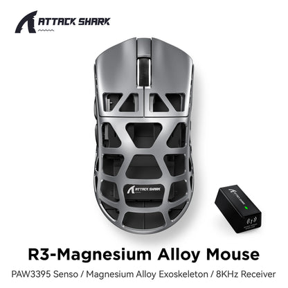 Gaming miška ATTACK SHARK R3 iz magnezijeve zlitine s satasto strukturo, izjemno lahka, 8K Hz, senzor PAW3395, 26000 DPI, ergonomska zasnova