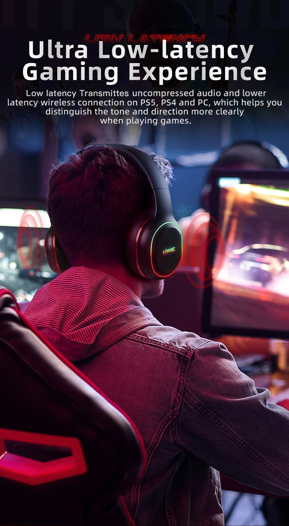 Kofire UG-05 Wireless Gaming Headset with Mic, RGB Lights, 2.4G Bluetooth 5.0 Gaming Headphones for PS5 PS4 PC Switch