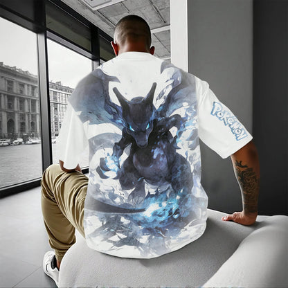 Classic Anime Pokemon Charizard Blue Flame Dragon Print Unisex Oversized Short Sleeve T-Shirt Streetwear Tops for Men and Women