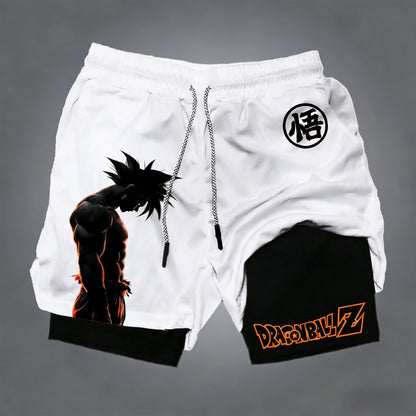 Pantalones cortos de doble capa para hombre de Dragon Ball, Son Goku, verano, anime japonés, imitación, dos piezas, deportivos, fitness, de secado rápido