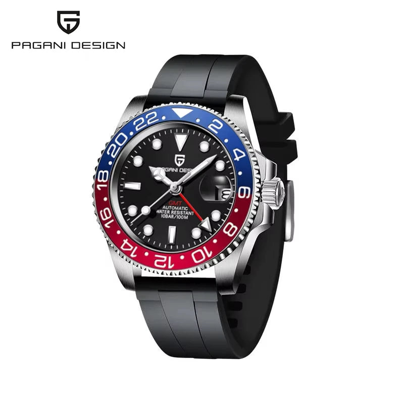 PAGANI DESIGN 40mm GMT Men's Mechanical Watches Rubber Strap Rotating Bezel 100 Waterproof Sports Wristwatch Mens Business Clock