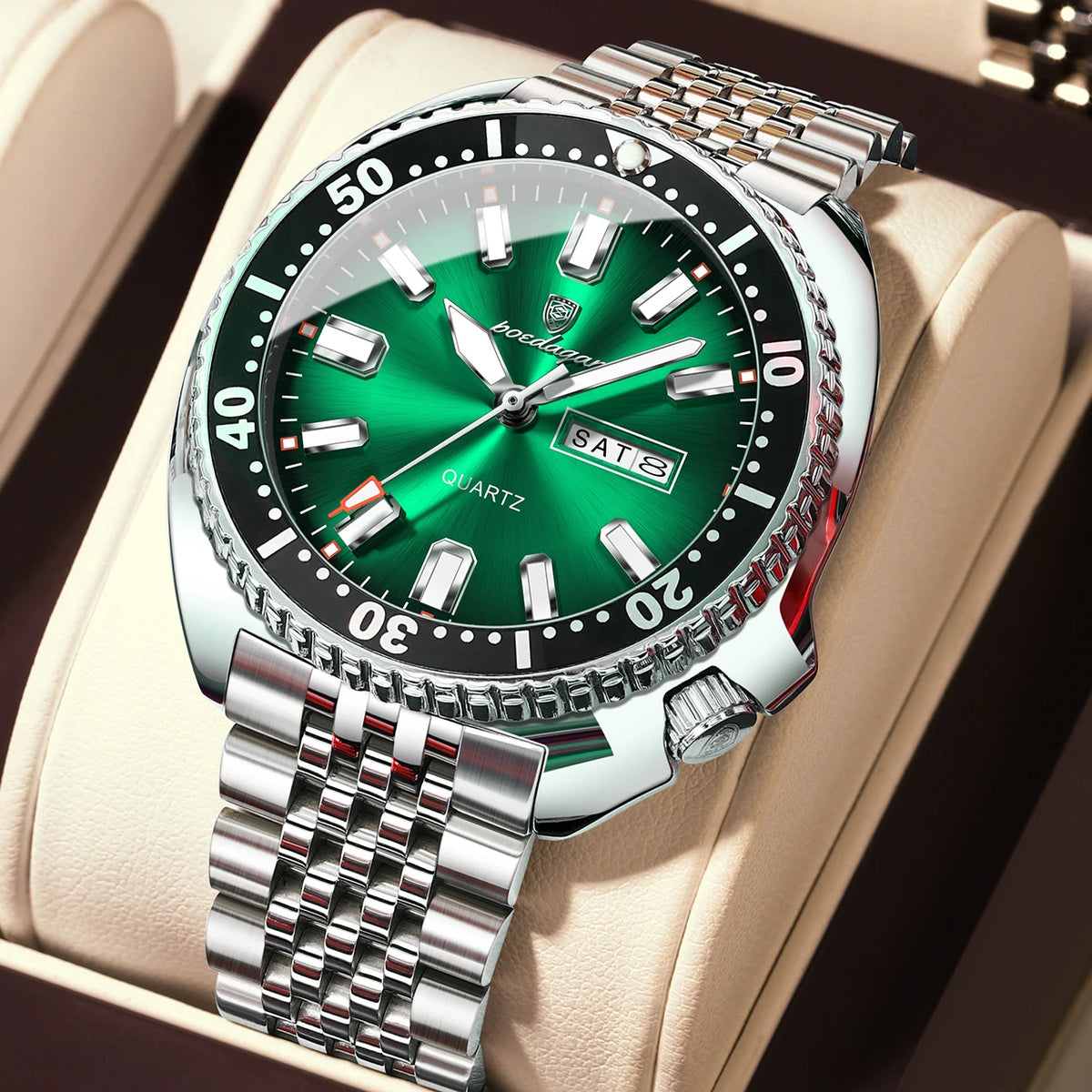 Montre homme POEDAGAR de luxe, style business, avec date et jour de la semaine, étanche et lumineuse, en acier inoxydable et à quartz.