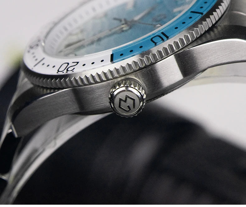 WISHDOIT Men's Automatic Dive Watch With Ocean Blue And White Ripple Dial 8215 Movement Sapphire Glass Mirror