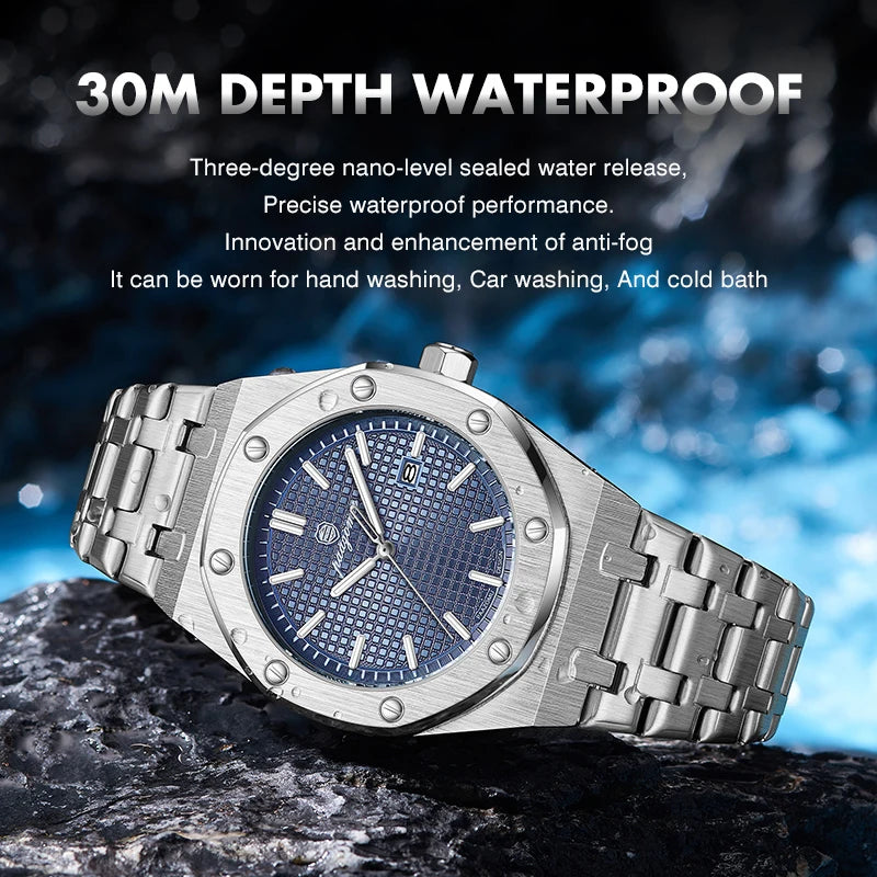 PAAZOMU Luxe vierkant herenhorloge met quartz, waterdicht, verlicht datumvenster, herenhorloge van roestvrij staal, zakelijke herenhorloges