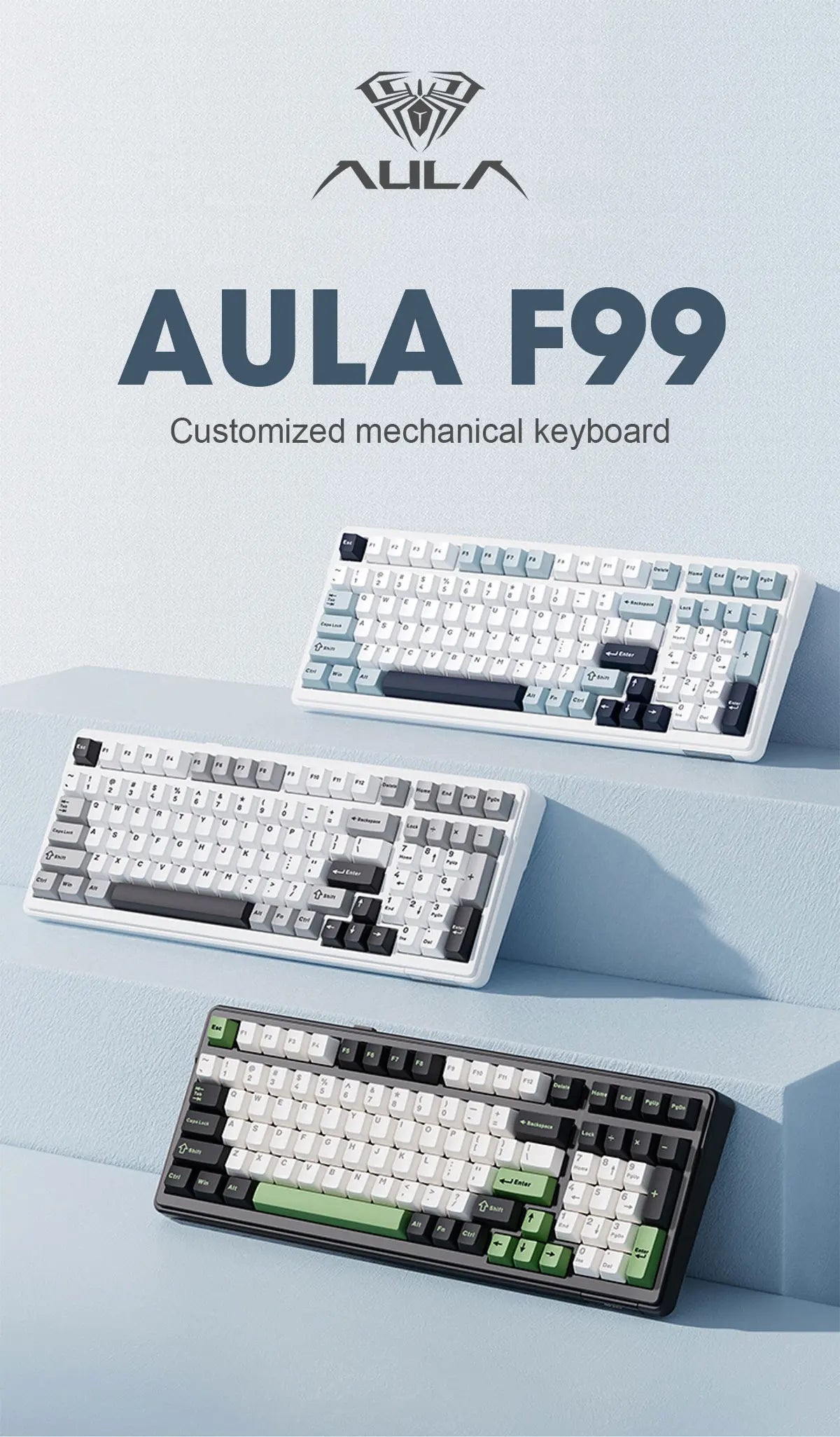 AULA F99 Mechanical Keyboard Bluetooth 5.0/2.4G Wireless/Wired Gasket-mounted Gaming Keyboard 99 Keys Customizable Keyboards