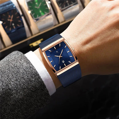 Relógios de pulso de quartzo, novos relógios quadrados para homem, cor ouro rosa, de alta qualidade; relógio de marca de luxo, modelo para homem, mostrador azul.