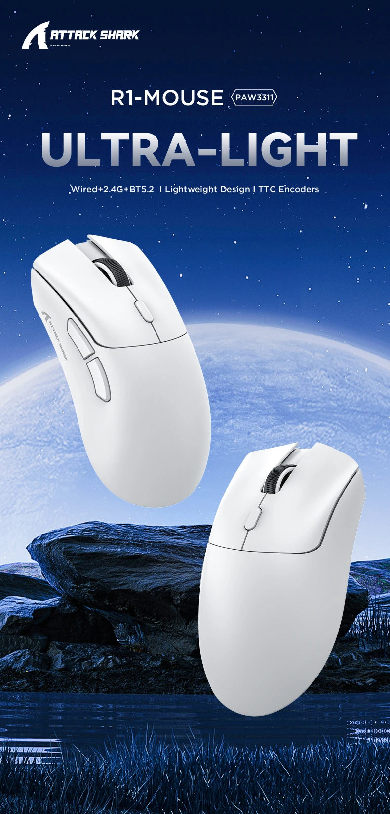 Ratón Bluetooth ATTACK SHARK R1 - Ratón viral reseñado por influencers, auténtico directo de la marca, sensor PAW3311 con 1K Hz para gaming