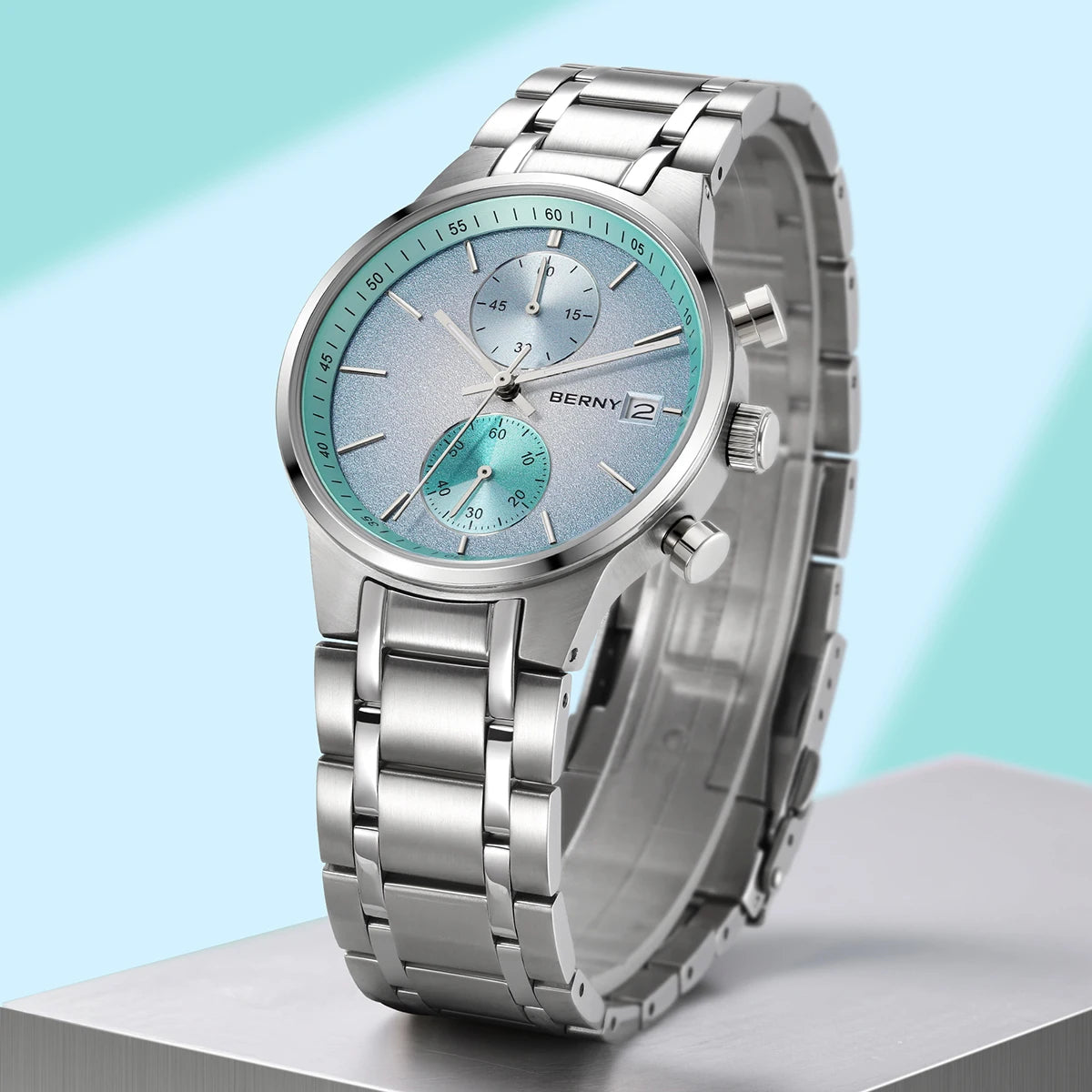 Montre pour homme BERNY – Chronographe multifonction à quartz, style décontracté et tendance, affichage de la date, aiguilles luminescentes, montre-bracelet sportive et colorée