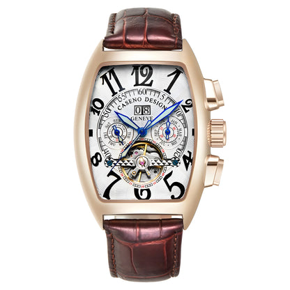 CASENO Top Luxury Brand Men's Fully Automatic Mechanical Tourbillon Watch Calendar Night Glow Tonneau Skeleton Watch -577G