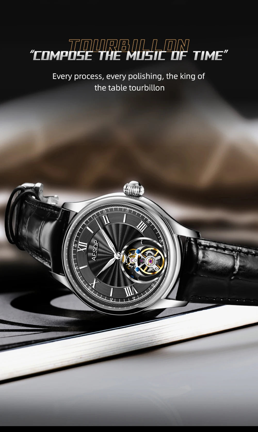 AESOP Mens Mechanical Wristwatches Flying Tourbillon Movement Skeleton Watch for Men Man Luxury Clocks Real Tourbillon Watch