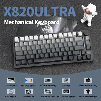 ATTACK SHARK X820 Ultra Gasket Mechanical Keyboard with TFT Screen & Knob, 75% ANSI Layout, Tri-mode, 5 Sound Absorbing Foams