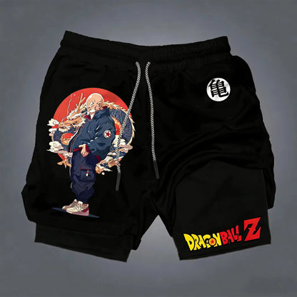 Pantalones cortos de moda con estampado de dragón y Goku del anime, de doble capa, lo último en primavera y verano: pantalones deportivos holgados y transpirables para hombre.