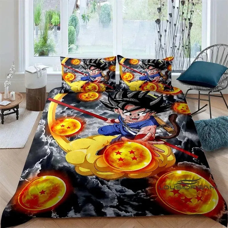 Rajzfilm/anime Son Goku Dragon Ball témájú nyomtatott ágyneműkészlet: Ez a puha és kényelmes készlet egy paplanhuzatot és párnahuzatot tartalmaz.