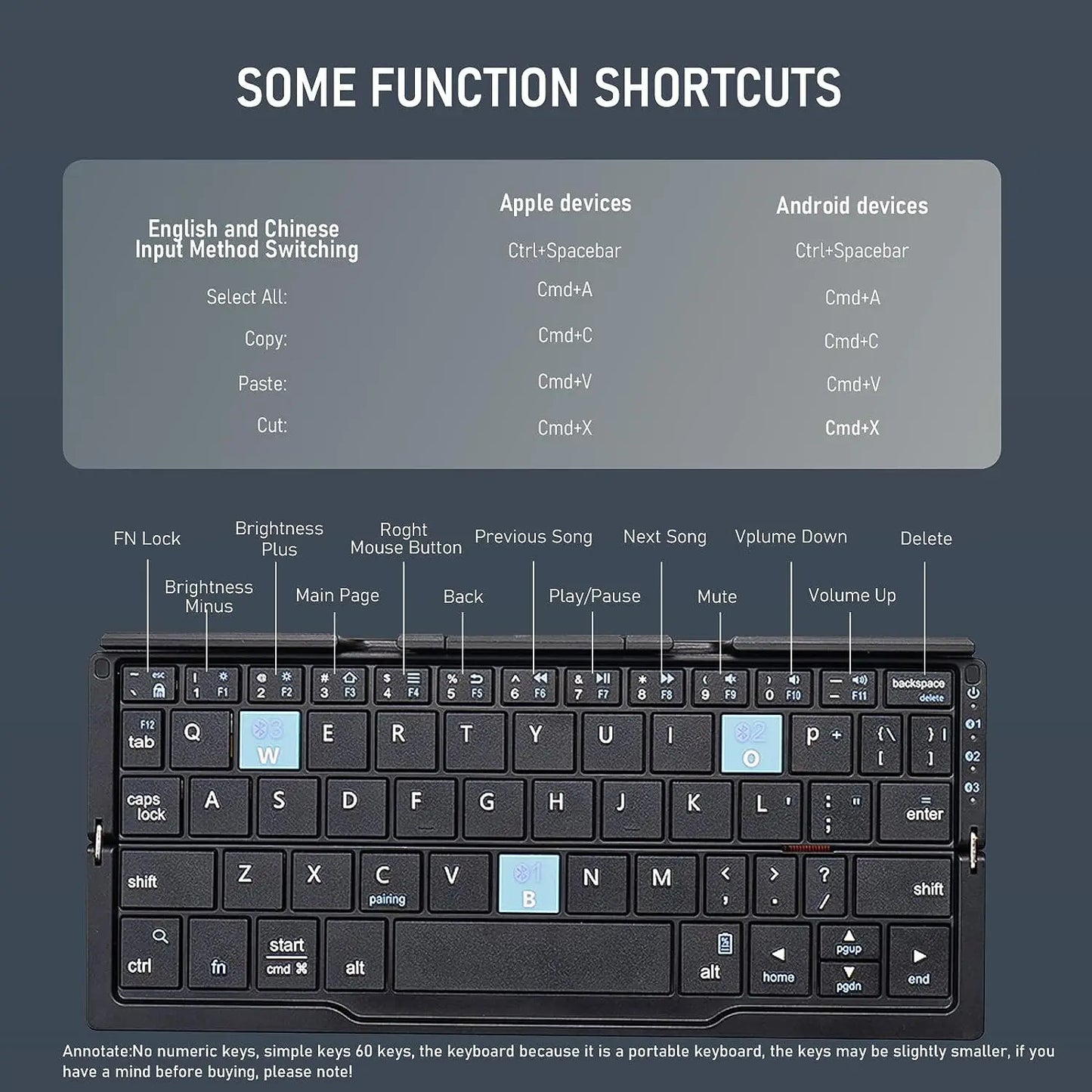 Jomaa Folding Keyboard Bluetooth Rechargeable Bluetooth Keyboard for Laptop iPad Phone Mini Portable Folding Keyboard
