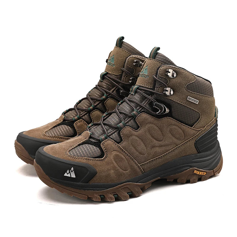 Botas de caminhada de cano alto para homem HIKEUP, calçado de inverno para exterior, com atacadores, antiderrapante, desportivo e casual, botas de trekking em camurça, quentes para homem
