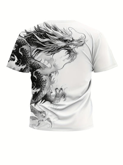Men's Dragon Print T-shirt Casual Breathable Fabric Graphic Tee Street Style Outdoor Fashion Short Sleeve Shirt Mens T-shirts
