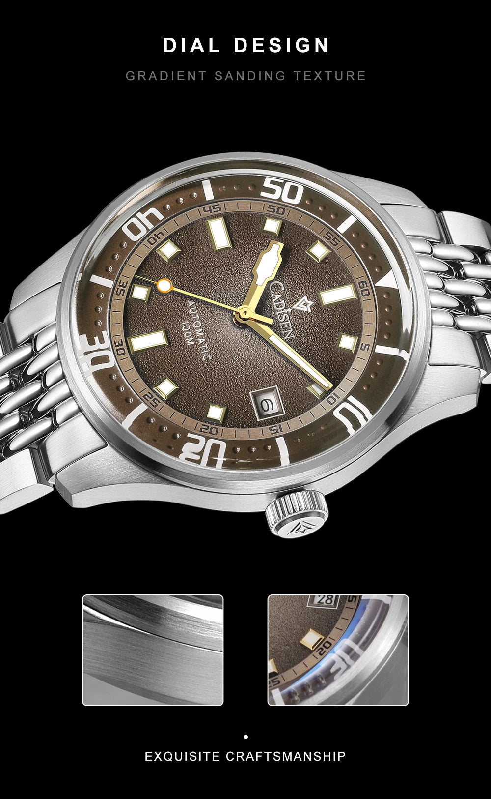 CADISEN Automatic Mechanical Watch Men's Silver Business Casual Waterproof Watch Japan MIYOTA 8215 Movement Domed Glass Men's Watch