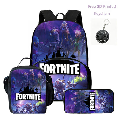 Lightweight FORTNITE 3Pcs Backpack With Front Pocket Lunch Bag Pencil Bag Free 3D Printed Keychain For Boys Girls Kids Aged 5-10