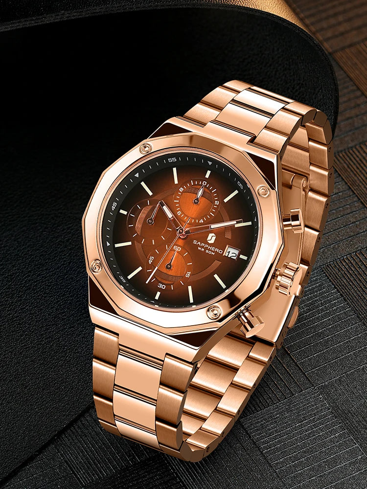 SAPPHERO Roségouden herenhorloge, modieus luxe horloge, roestvrijstalen horloge, waterdicht tot 50 m, herenhorloge, nieuwjaarscadeaus