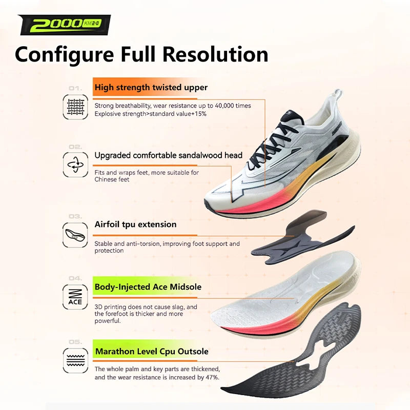 Xtep 2000KM 2.0 Running Shoes for Men, Summer Professional TPU Shock Absorption Sneakers (Suggest Half Size Down) 876219110043