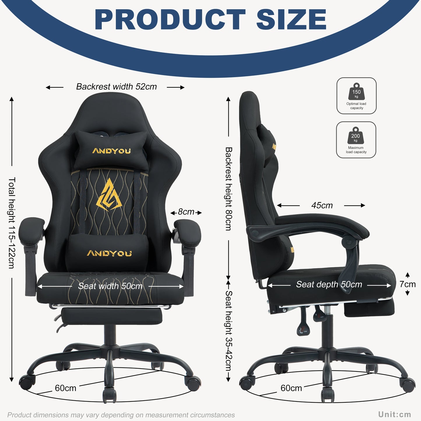 Andyou Ergonomic Gaming Chair - Swivel Reclining Gaming Chair, PU Leather Upholstery, Weight Capacity 150kg