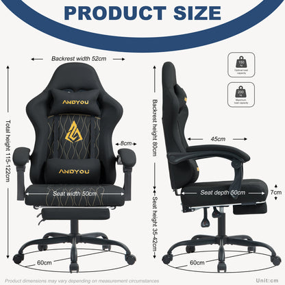 Andyou Ergonomic Gaming Chair - Swivel Reclining Gaming Chair, PU Leather Upholstery, Weight Capacity 150kg