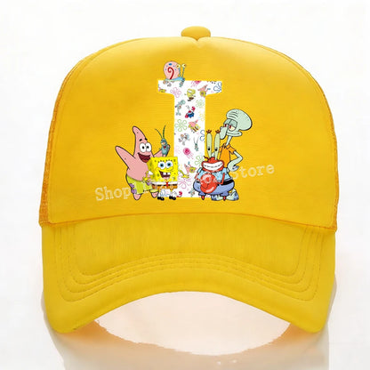 SpongeBobs Baseball Cap Kids Adult Summer Outdoor Sports Sun Hat Child Cute Letter A-Z Sunbonnet Breathable Mesh Headgear Gift