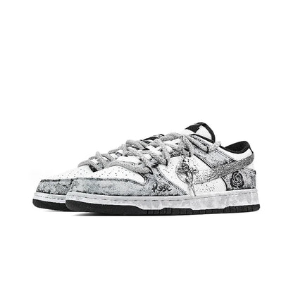 Sneakers personalizzate Nike Dunk "Silver Bloom Rose" con effetto Ink Wash & Splatter, scarpe da skate unisex basse resistenti all'usura