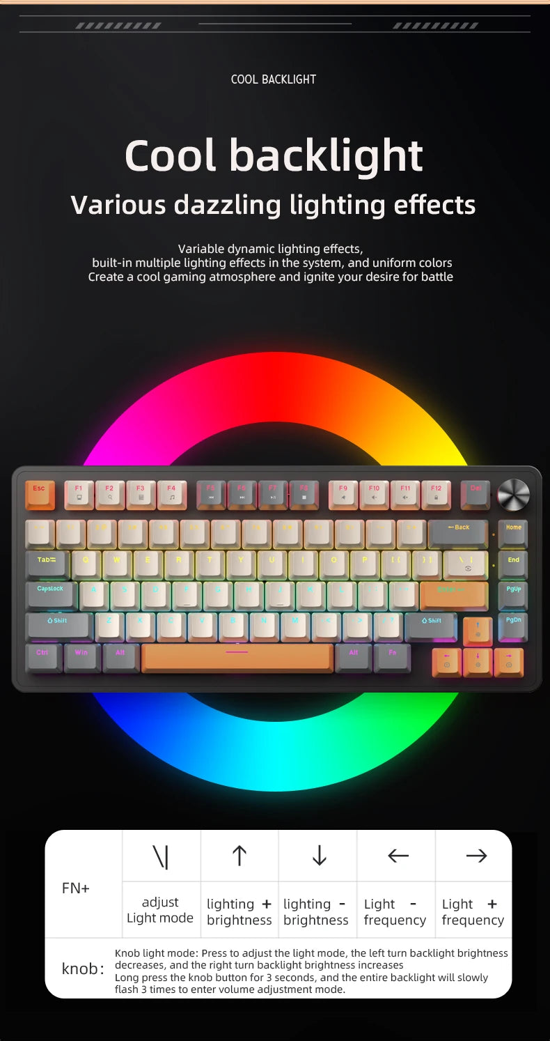 75% Mechanical Keyboard Wired with Media Knob APAYADO Black Gaming Keyboard Hot-Swap ABS Cap Transparent Character Backlighting