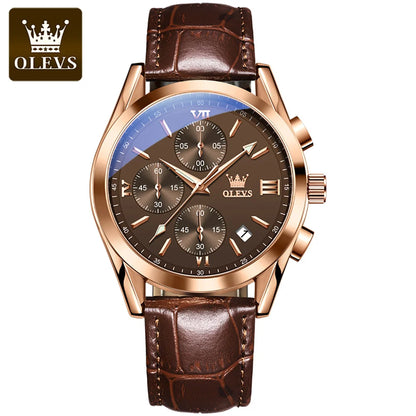 Montre-bracelet chronographe pour homme OLEVS 2872 – Bracelet en cuir, étanche, aiguilles luminescentes, mouvement à quartz, style sport de luxe