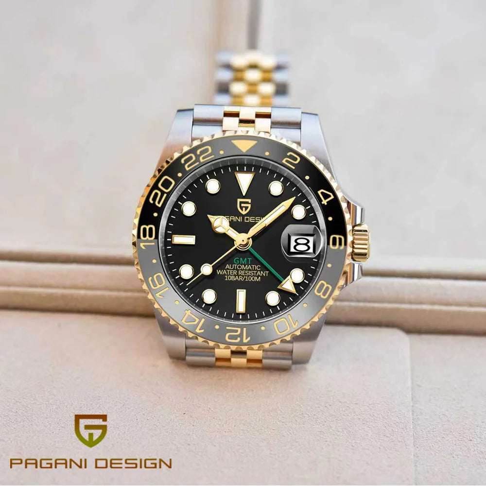 Relógio mecânico para homem Pagani Design GMT – Modelo de luxo com vidro de safira, caixa em aço inoxidável e luneta em cerâmica – Relógio automático para homem, estilo profissional