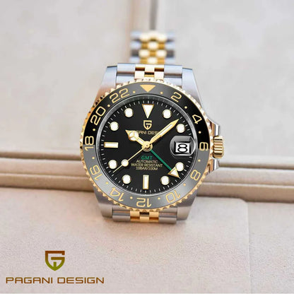 Relógio mecânico para homem Pagani Design GMT – Modelo de luxo com vidro de safira, caixa em aço inoxidável e luneta em cerâmica – Relógio automático para homem, estilo profissional