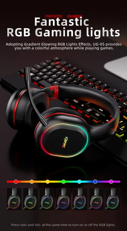 Kofire UG-05 Wireless Gaming Headset with Mic, RGB Lights, 2.4G Bluetooth 5.0 Gaming Headphones for PS5 PS4 PC Switch