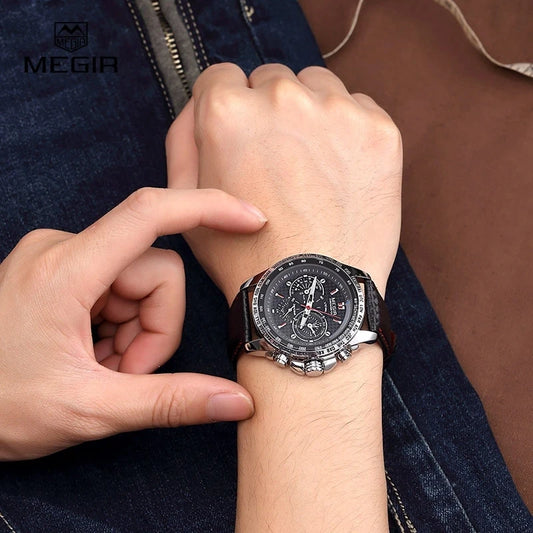 Relógio de pulso analógico de quartzo para homem MEGIR – Relógio de luxo à prova de água com bracelete em pele, estilo descontraído, modelo 1010 (preto)