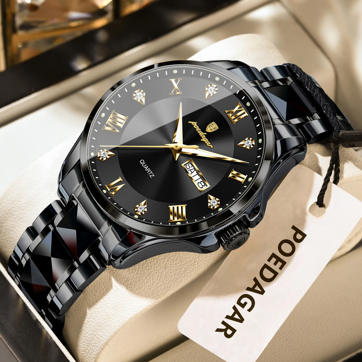 POEDAGAR herenhorloge, origineel luxemodel, waterdicht, verlicht, met datum- en dagweergave, elegante stijl, roestvrijstalen kast, quartz uurwerk, ideaal voor op het werk.