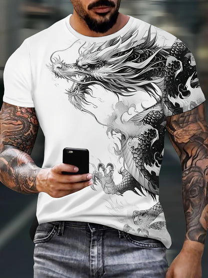 Men's Dragon Print T-shirt Casual Breathable Fabric Graphic Tee Street Style Outdoor Fashion Short Sleeve Shirt Mens T-shirts