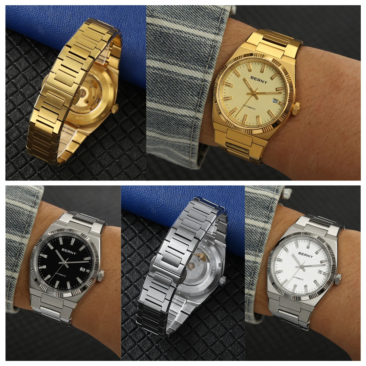 Ceas automat pentru bărbați BERNY, auriu, sticlă de safir, ace luminescente, 100 % original, echipat cu un mecanism PT5000, strat antireflex, model de lux cu ramă interschimbabilă, rezistent la apă până la 5 ATM.