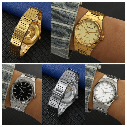 Relógio automático para homem BERNY, dourado, vidro de safira, ponteiros luminescentes, 100 % original, equipado com um movimento PT5000, revestimento antirreflexo, modelo de luxo com luneta intercambiável, estanque até 5 ATM.