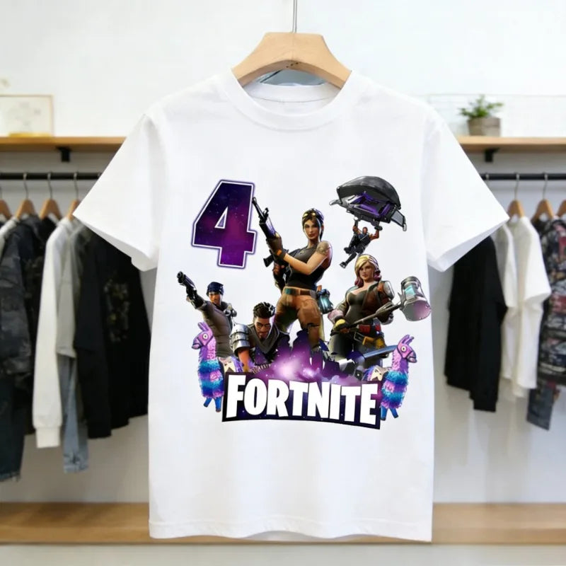 Dziecięca koszulka urodzinowa Fortnites z numerem dla dziewczynek i chłopców, letnia bawełniana koszulka dla niemowląt, imprezowy top z krótkim rękawem, prezent dla malucha