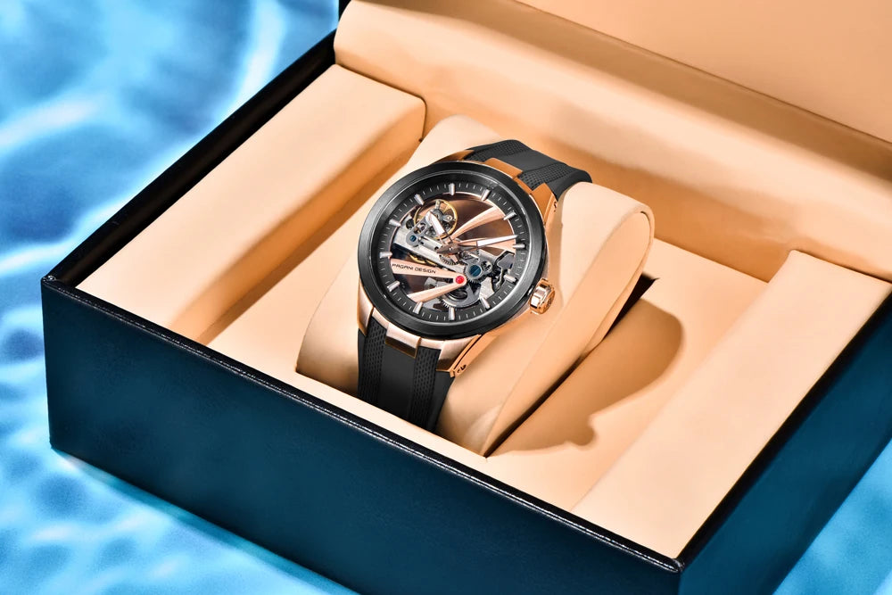 Ceas pentru bărbați PAGANI DESIGN – Model mecanic automat de lux, de tip „schelet” (cu mecanism expus), dotat cu un tourbillon, sticlă de safir cu tratament antireflex, rezistent la apă și luminescent.