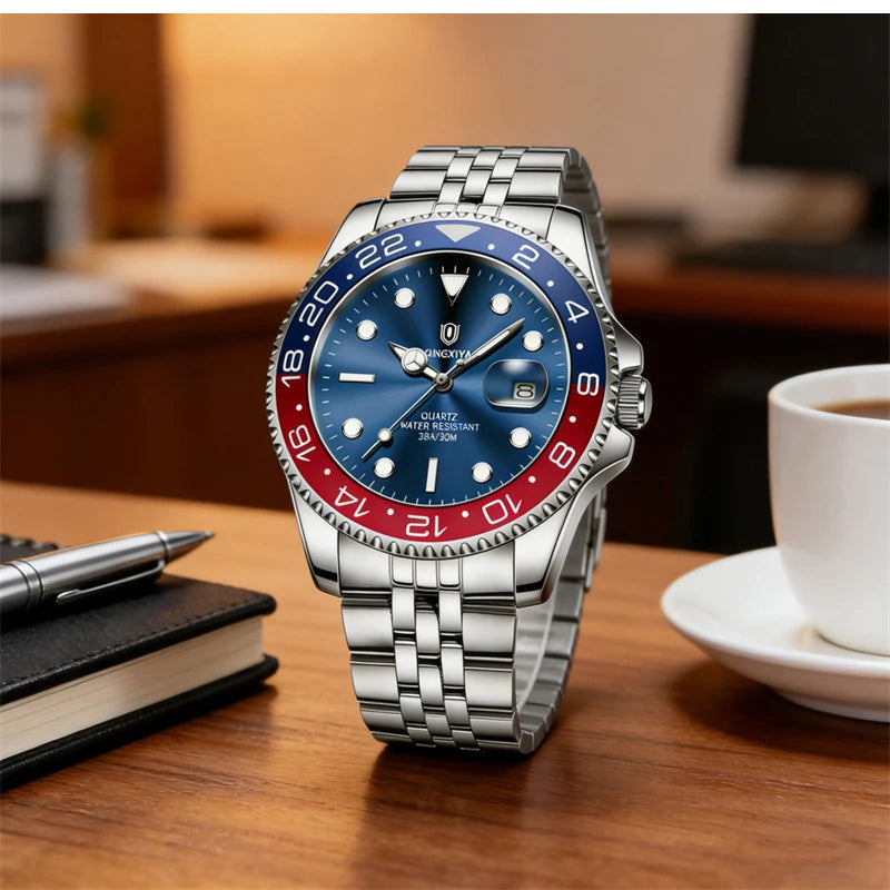 QINGXIYA Luxe herenhorloges met kwartsmechanisme, roestvrij staal, waterdicht, verlicht, datumweergave, herenpolshorloge, reloj hombre